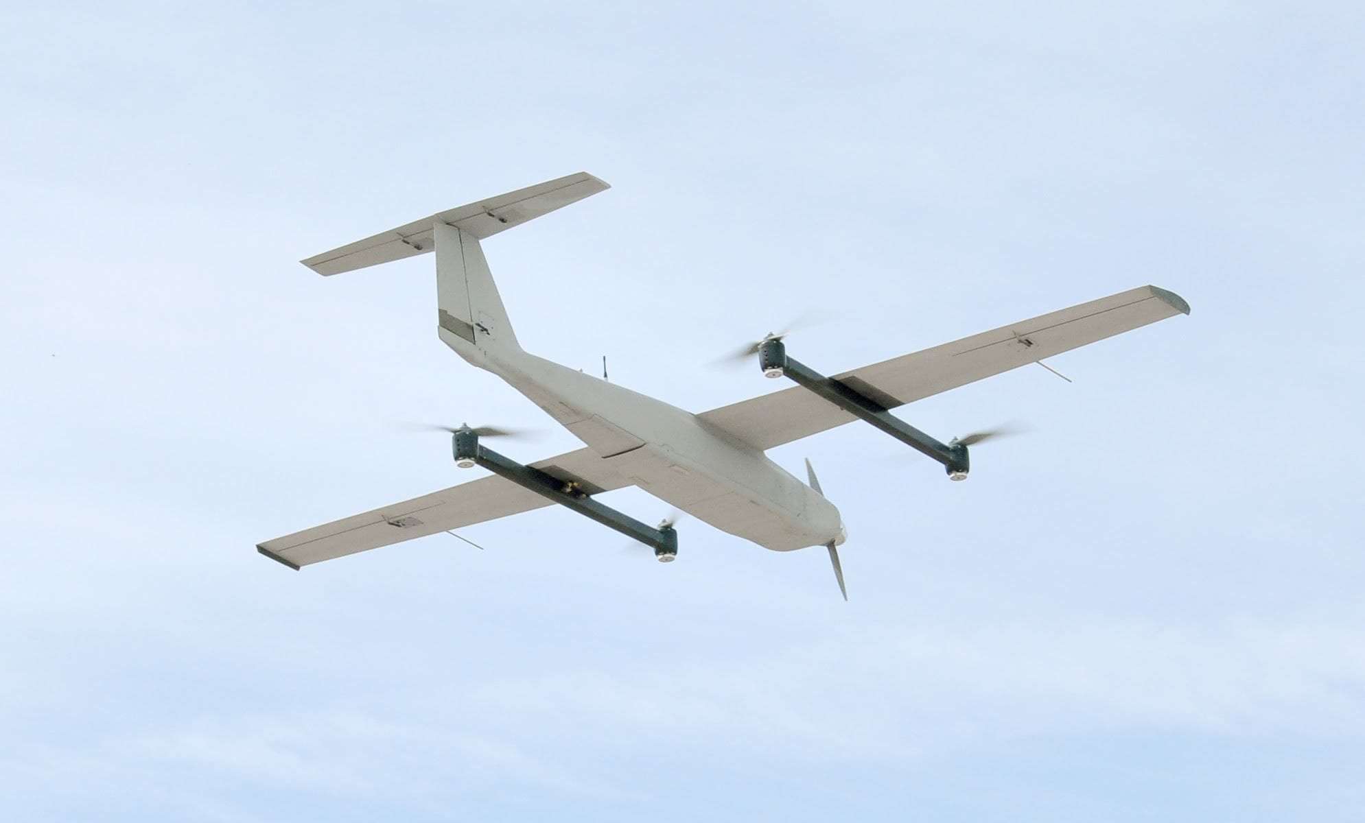 A fixed-wing VTOL drone ready for launch