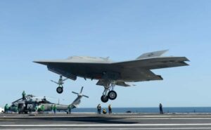 The X-47B unmanned combat air system (UCAS) demonstrator prepares to execute a touch-and-go landing 