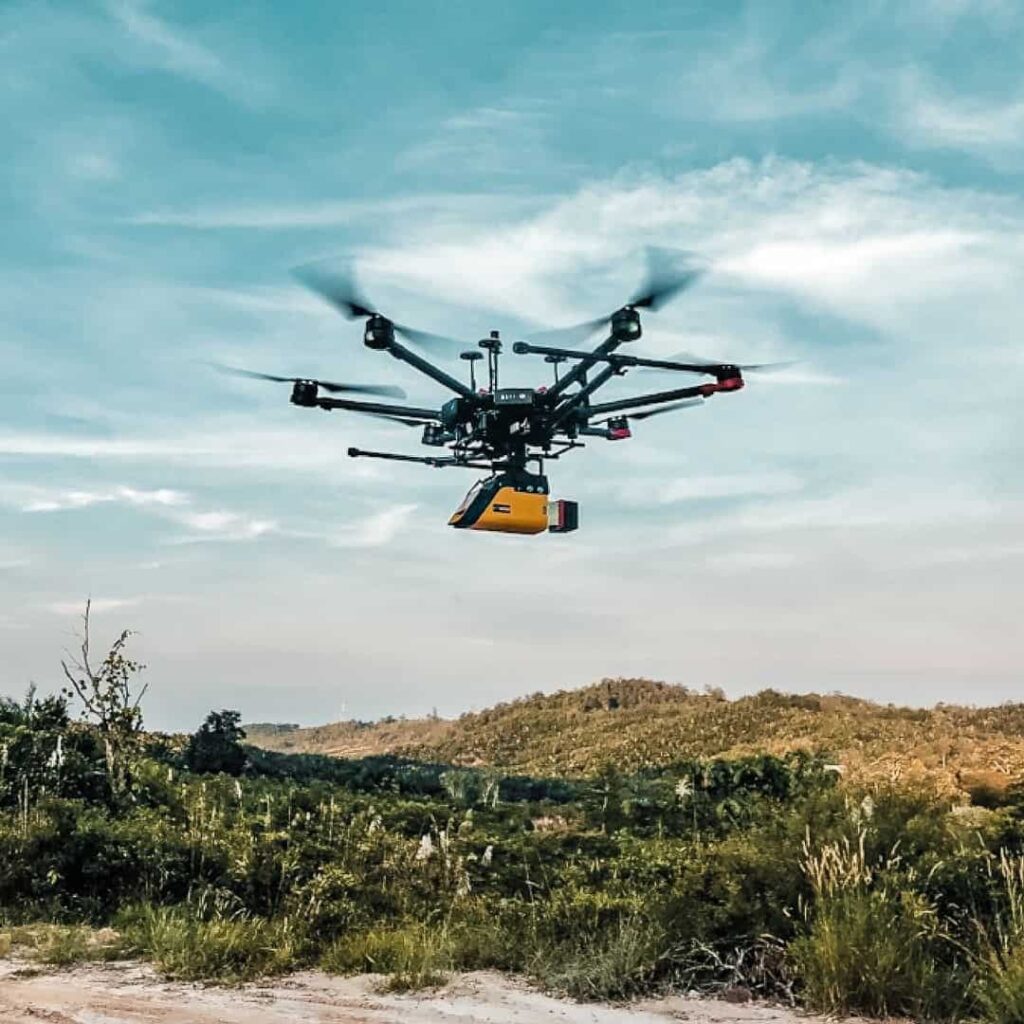 YellowScan Vx-15 in flight mounted on a DJI M600