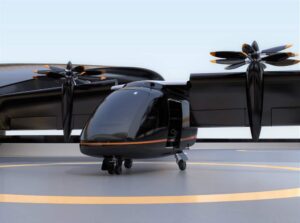 E-VTOL passenger aircraft waiting for takeoff from airport. Solar panel mounted on the wings. Urban Passenger Mobility concept. 3D rendering image.