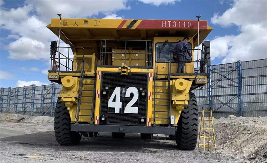Figure 3. Mining truck in China equipped with the CGI-610, a high-precision dual-antenna GNSS+INS positioning and navigation sensor.
