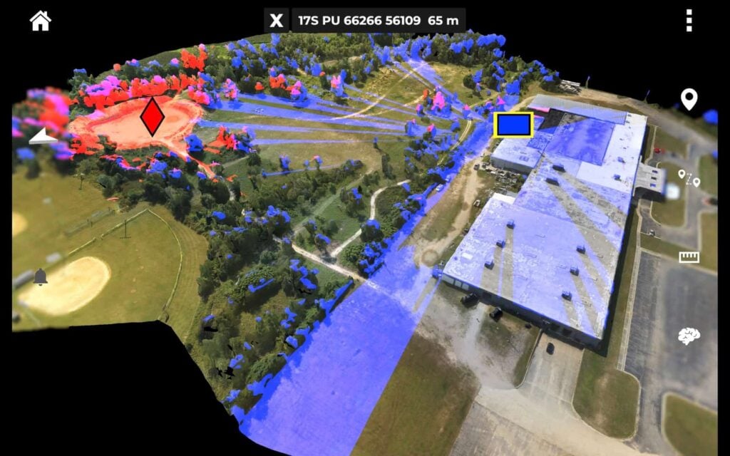 Farsight model created from multi-ship Golden Eagle flight showing enemy (red) and friendly (blue) positions and respective line of sight. Photo taken during demonstration to members of the U.S. Army Special Operations Command near Fort Bragg.