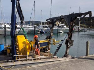 The scientific buoy returned to the surface and onto the ship using Boxfish ROV. Photo courtesy of Boxfish Research.