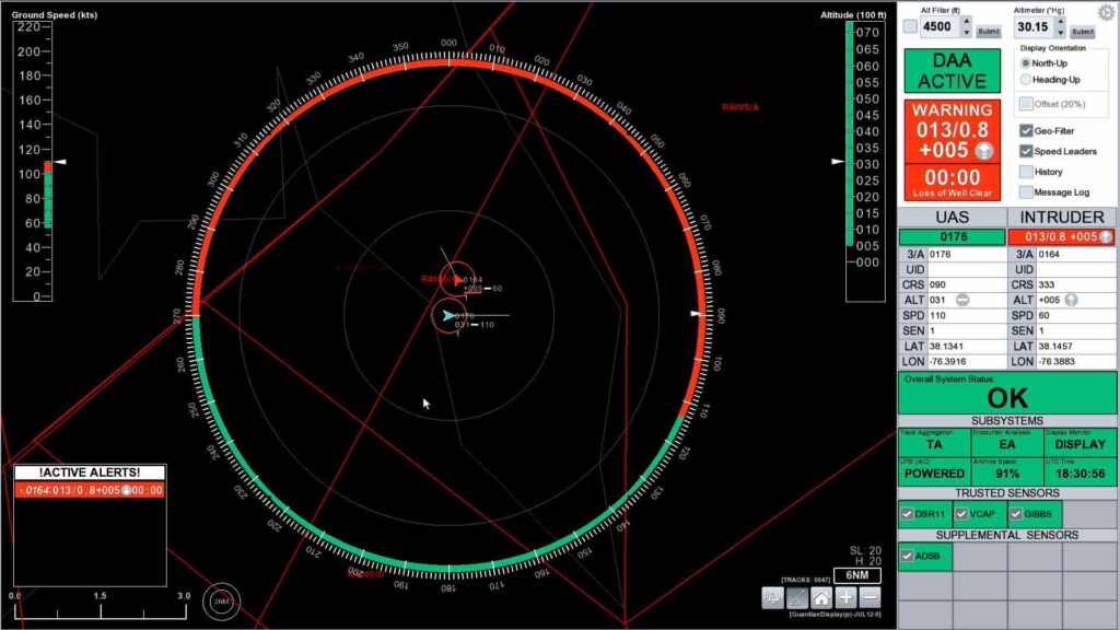 A screen displays how closely two unmanned systems operate near each other while data to the right provides operators information on speed, location, and other air traffic details during a flight test.