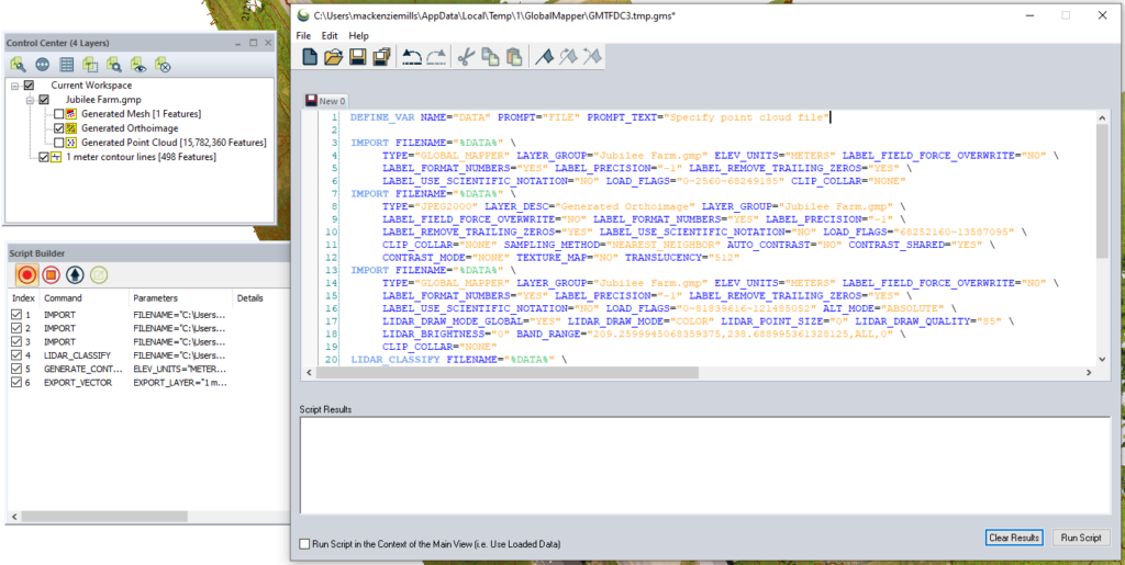 The Script Editor can display multiple scripts in a tabbed interface and is used for editing and running scripts in Global Mapper Pro. 