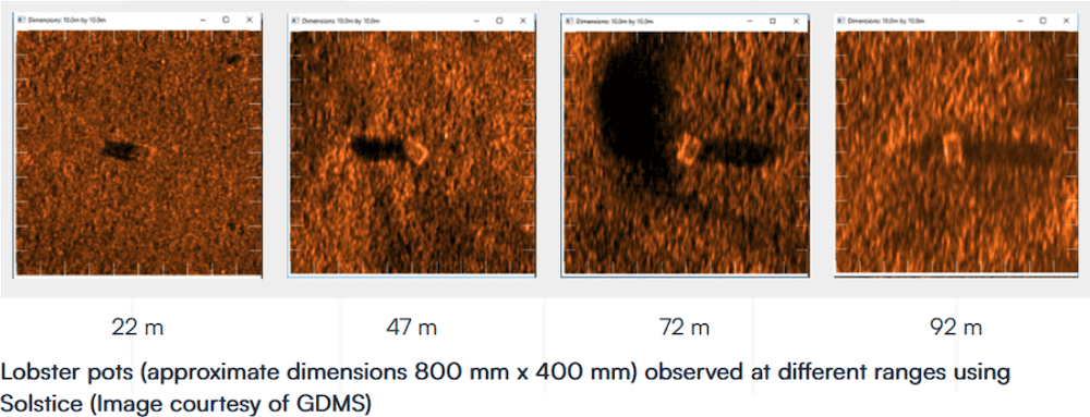Lobster pots observed at different ranges using Solstice