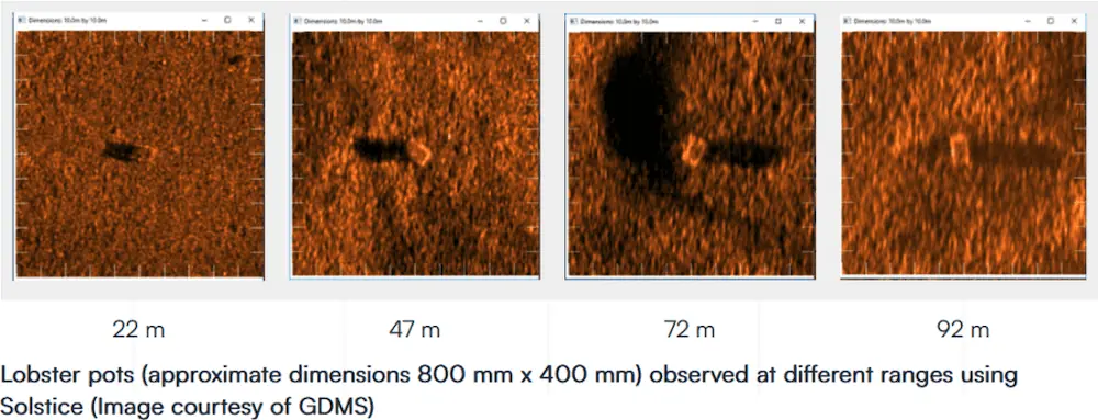 Lobster pots observed at different ranges using Solstice