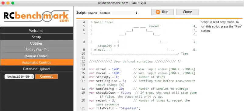 Figure 2: Automated test script for a step test