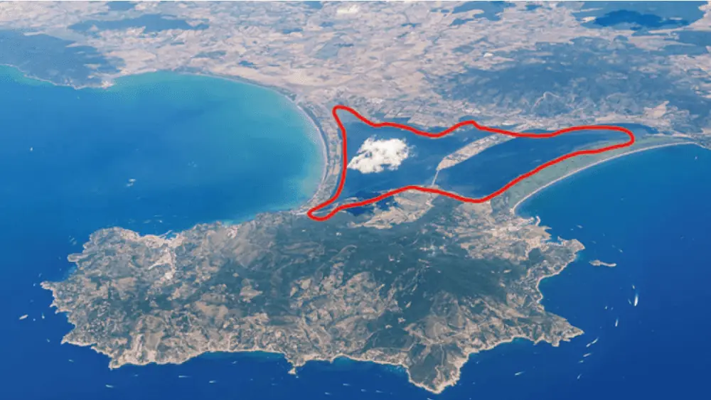 Fig. 1 Orbetello Lagoon (in red circle)