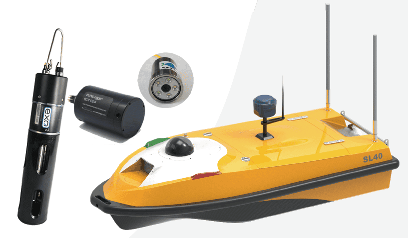 Fig. 2 SL40 USV, YSI EXO2s probe, echo sounder and underwater camera