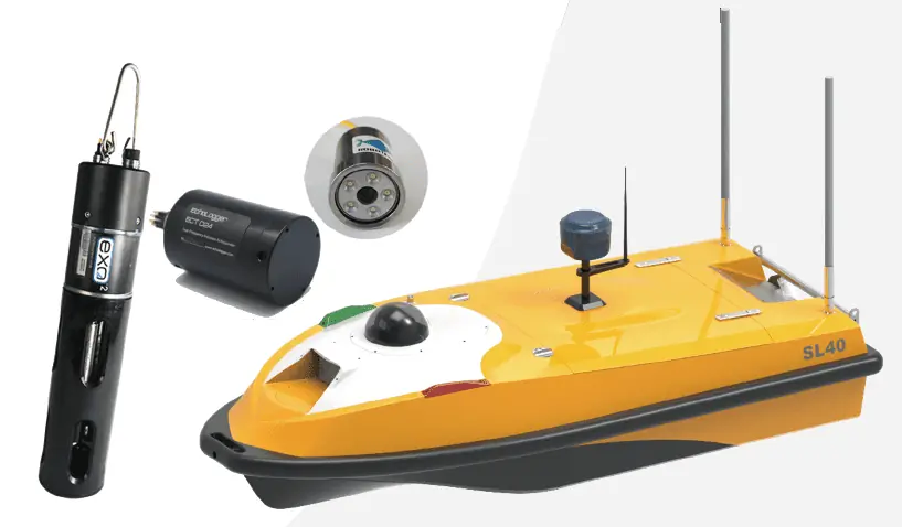 Fig. 2 SL40 USV, YSI EXO2s probe, echo sounder and underwater camera