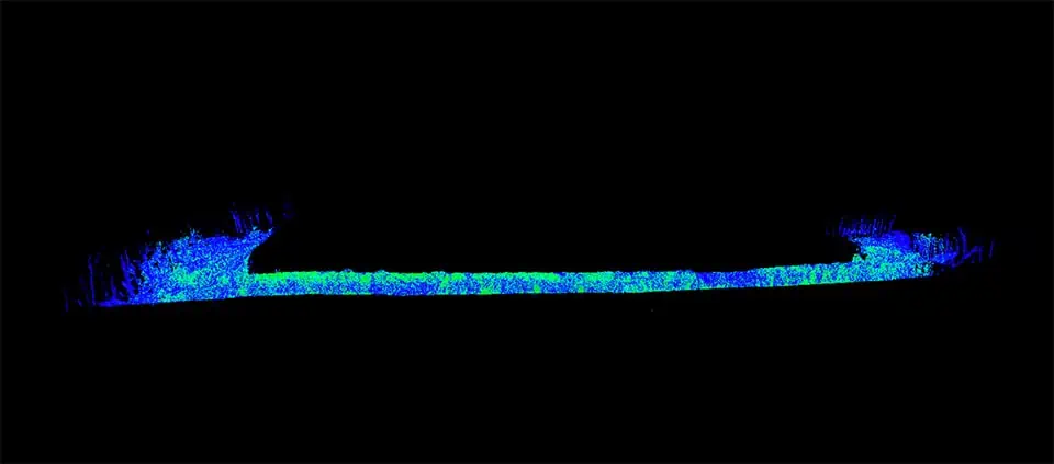The full point Cloud, when viewed from the side, illustrates the proportion and vast length of the tunnel that was scanned.