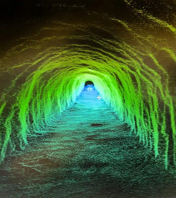 The point cloud made from the LiDAR scan looking down the mouth of the tunnel.