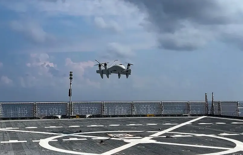 PteroDynamics Transwing® UAV autonomous takeoff from USNS Burlington during the U.S. Navy’s Hybrid Fleet Campaign Event.