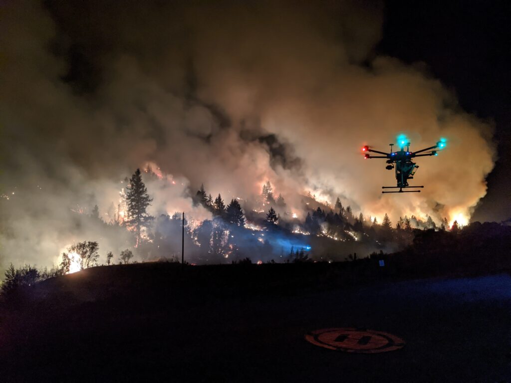 A UAS supports incident night operations with an aerial ignition mission